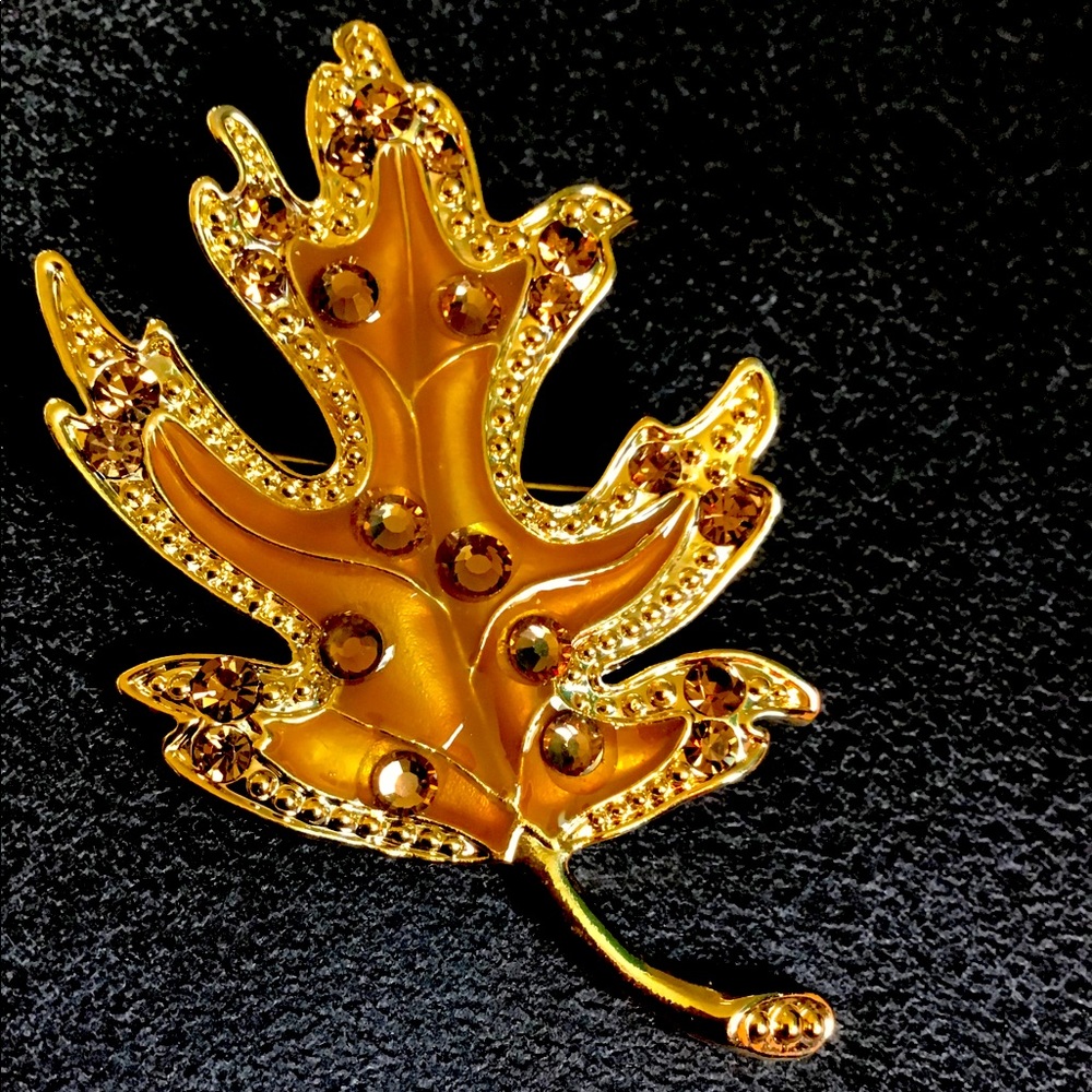 AUTUMN LEAF BROOCH/ SLIDER ADORNED W/ SPARKL